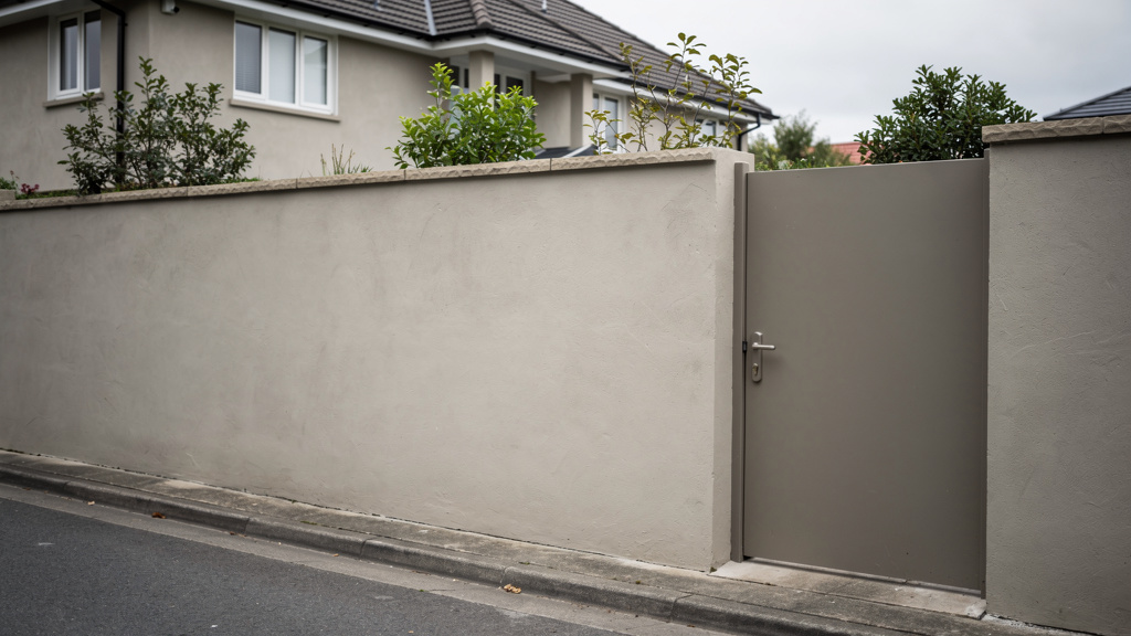 Mur plein élevé en bord de trottoir créant un effet fermé