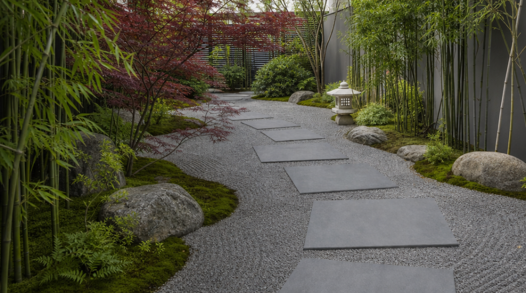 Pas japonais en ardoise cérame 60x60 sur gravier drainant