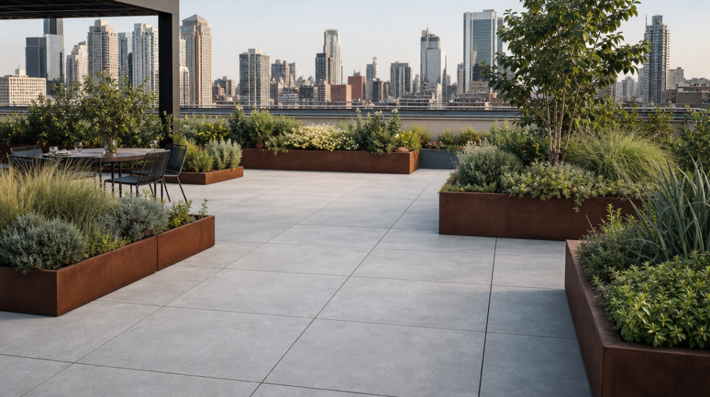 Patio urbain en dalles 80x80 béton avec bacs corten
