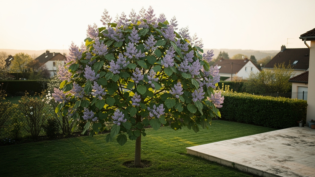 Paulownia en floraison mauve près d’une terrasse