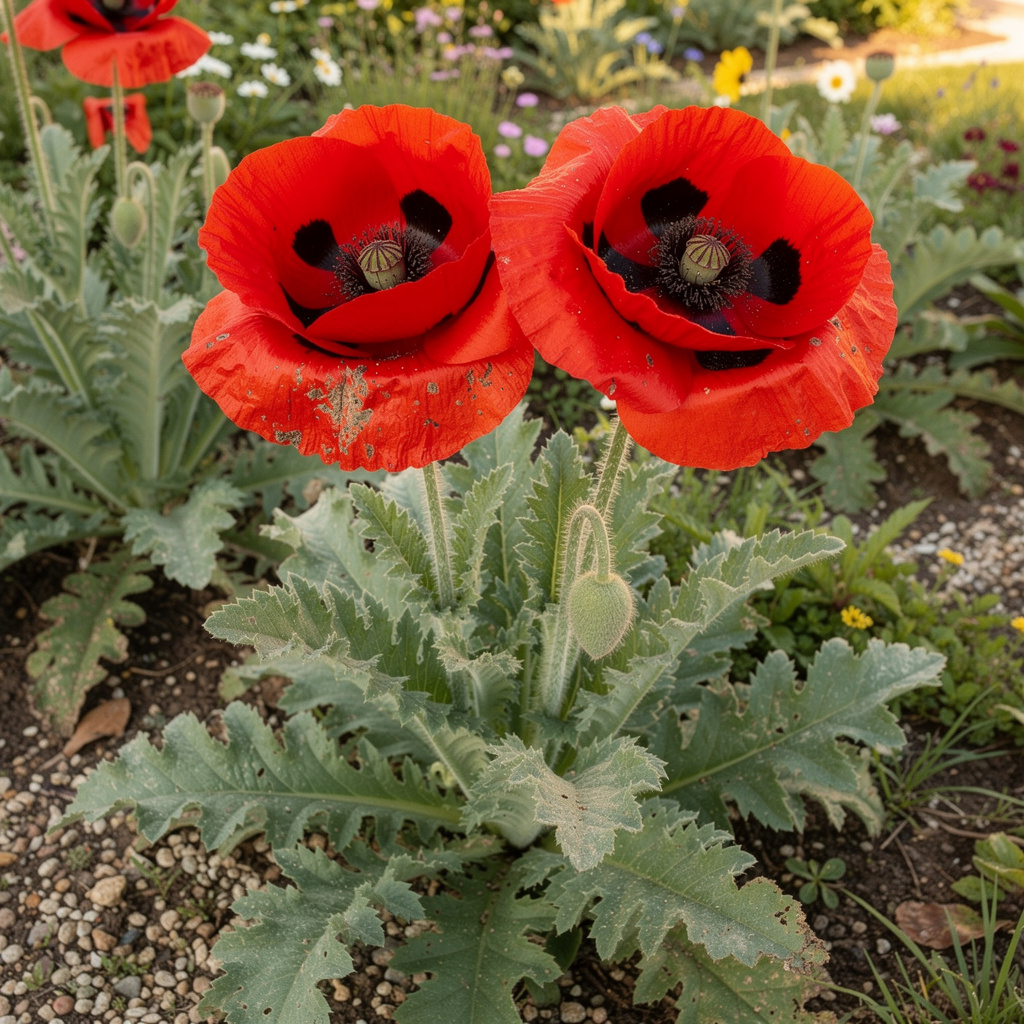 Fleurs XXL de pavot d’Orient rouge sur feuillage rugueux