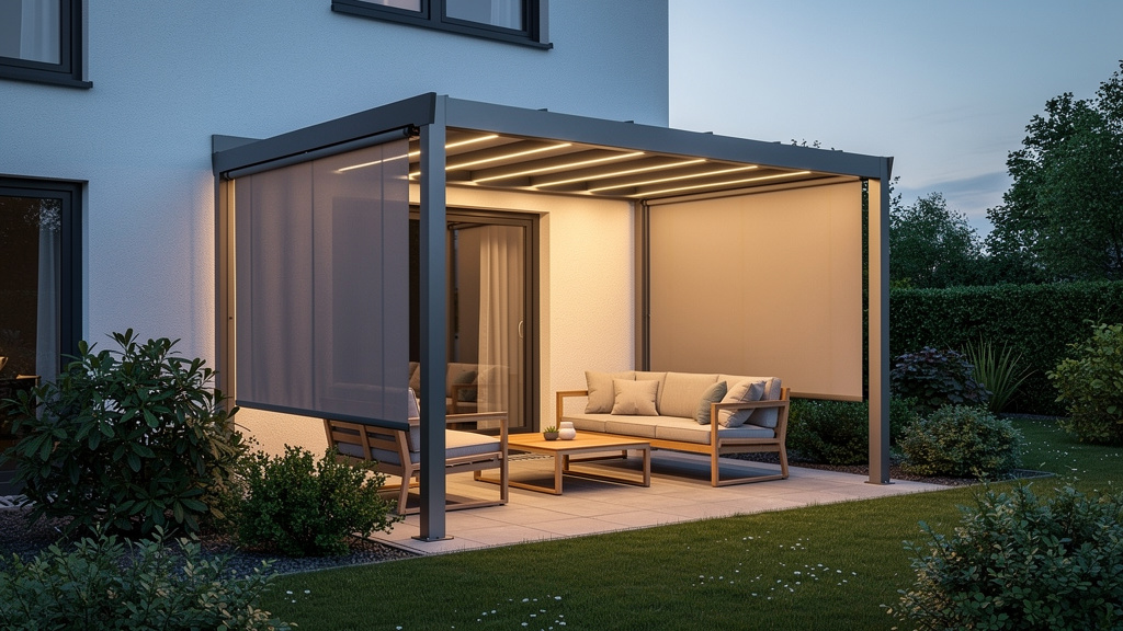 Pergola adossée avec stores latéraux et lumière chaude