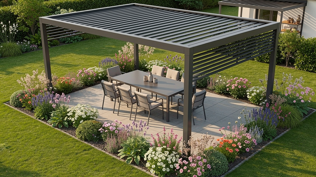 Pergola de jardin moderne sur terrasse conviviale