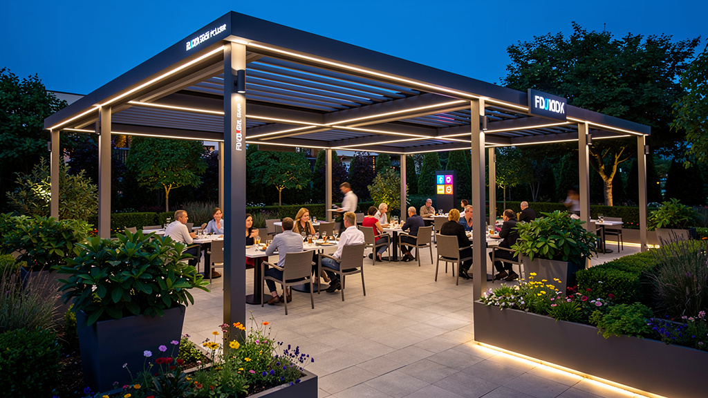 Pergola d’hôtel avec éclairage et circulations lisibles