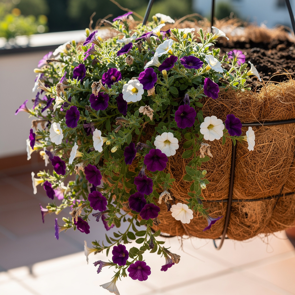 Suspension de pétunias et calibrachoas en floraison