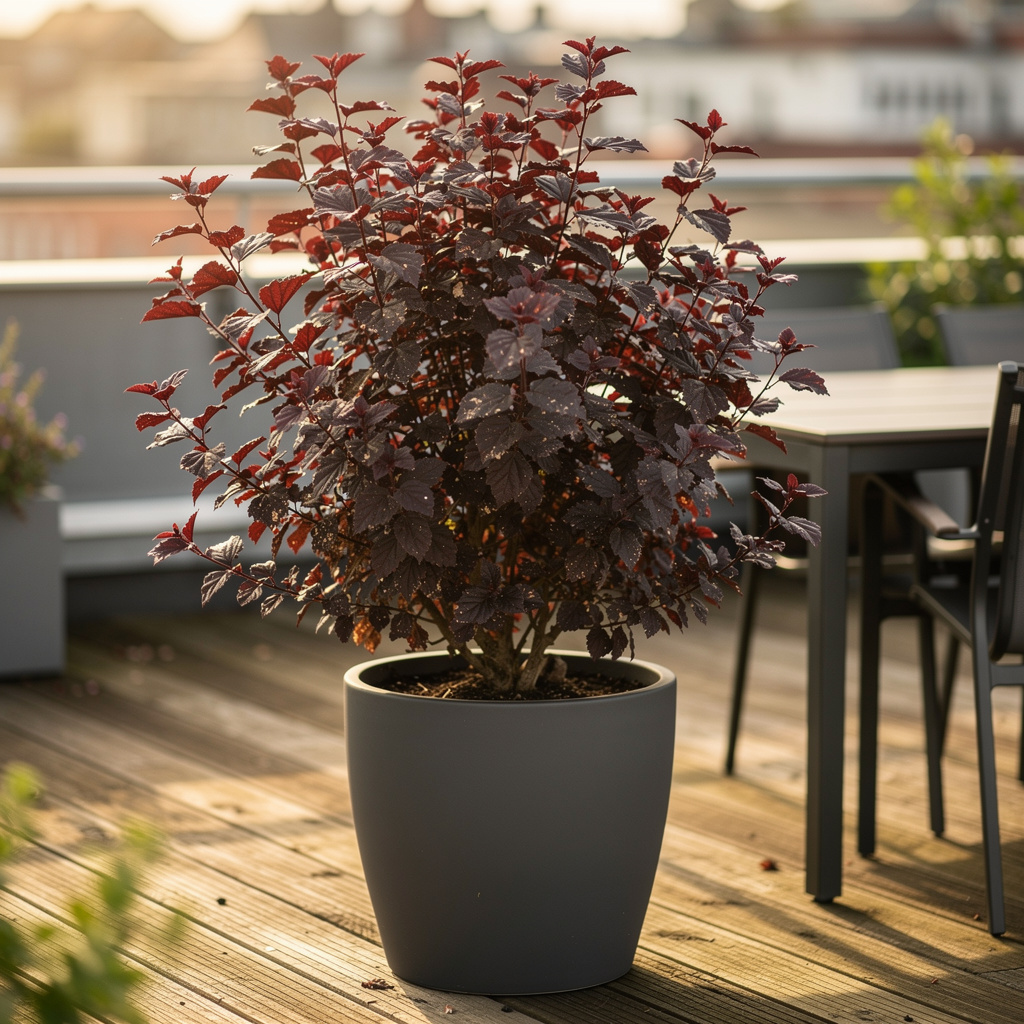 Petit physocarpus pourpre cultivé en grand pot