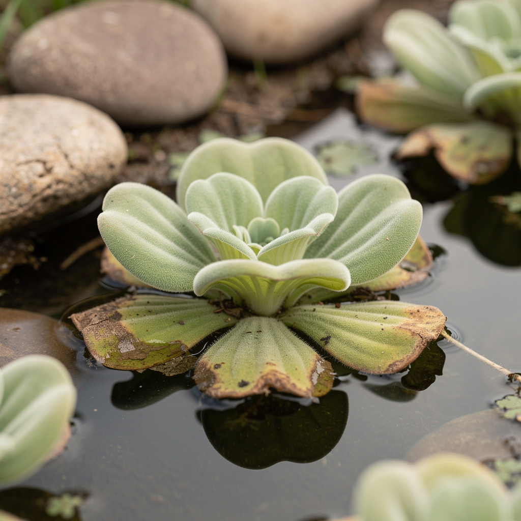 Rosette veloutée vert pâle de pistia sur eau calme