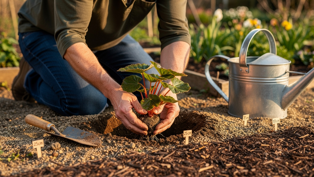 Plantation d’un bégonia tubéreux avec motte au niveau du sol