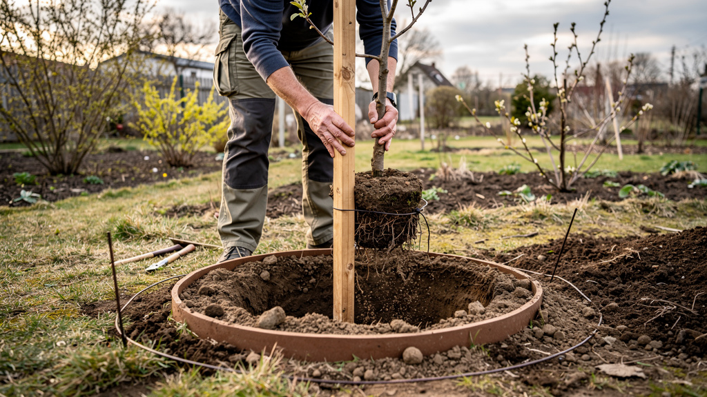 Arbre fruitier racines nues tenu droit, tuteur et cuvette d’arrosage