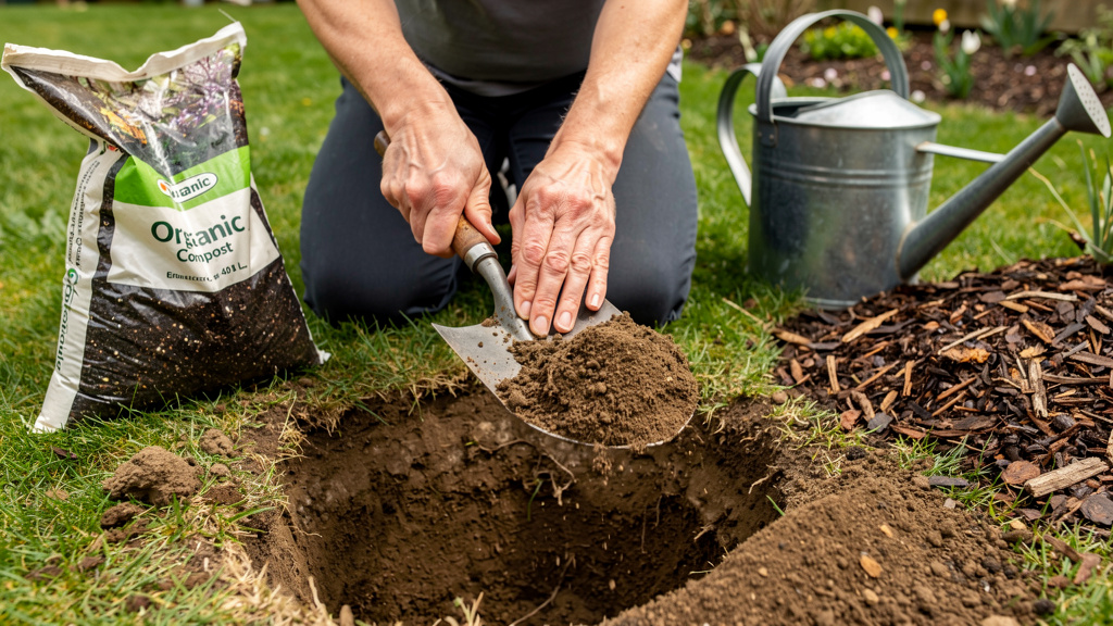 Trou de plantation décompacté avec compost et arrosoir