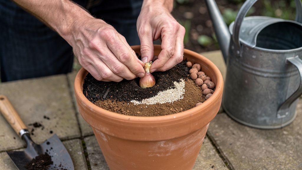 Mains plaçant un bulbe de lis dans un pot drainé