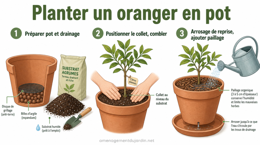 Infographie plantation oranger en pot en trois étapes