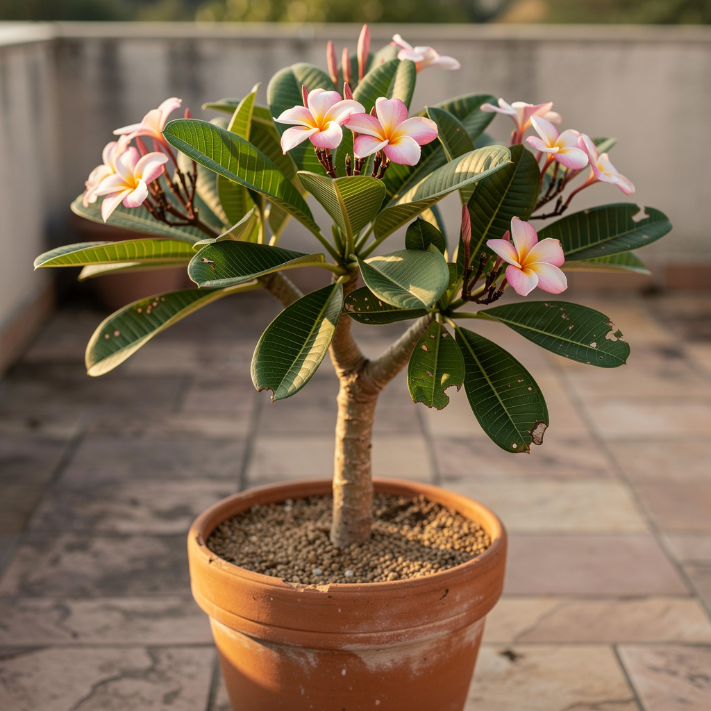 Plumeria en pot avec fleurs rose blanc en été