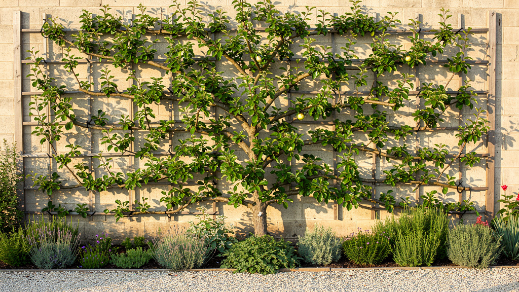 Pommier en espalier attaché sur treillage avec coursonnes visibles