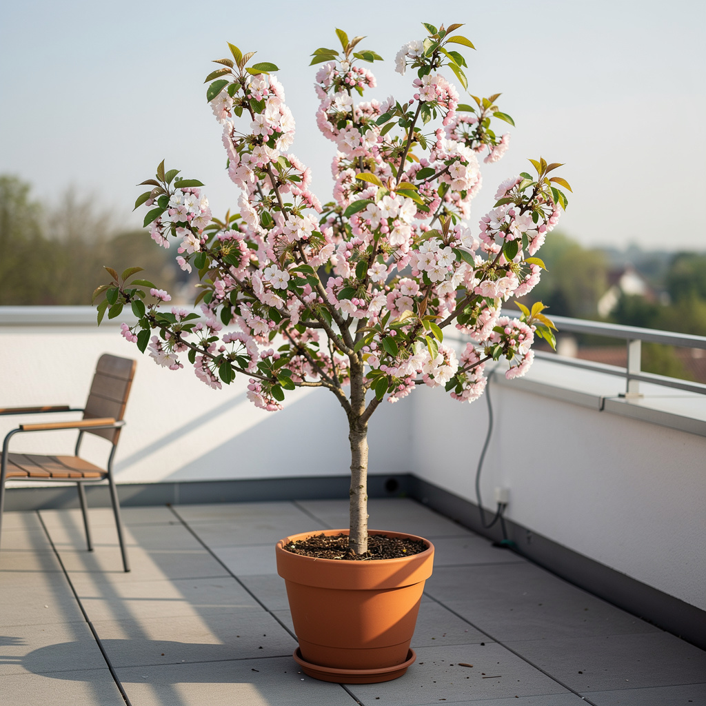 Petit pommier ornemental en pot avec bouquets de fleurs rosées