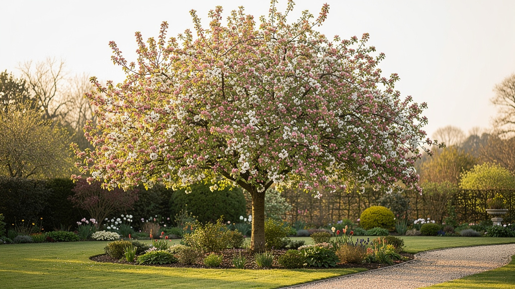 Pommier du Japon en fleurs dans un jardin ensoleillé