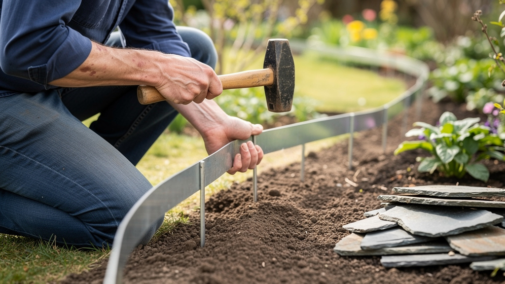 Installation d’une bordure acier pour confiner un massif avant paillage
