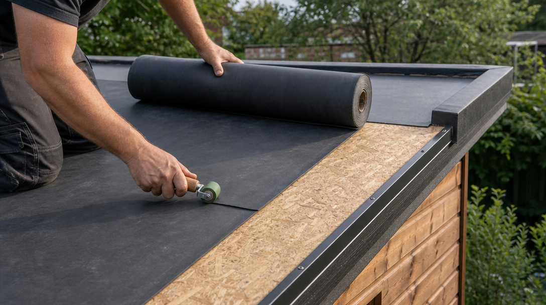 Membrane EPDM déroulée sur un toit plat d’abri