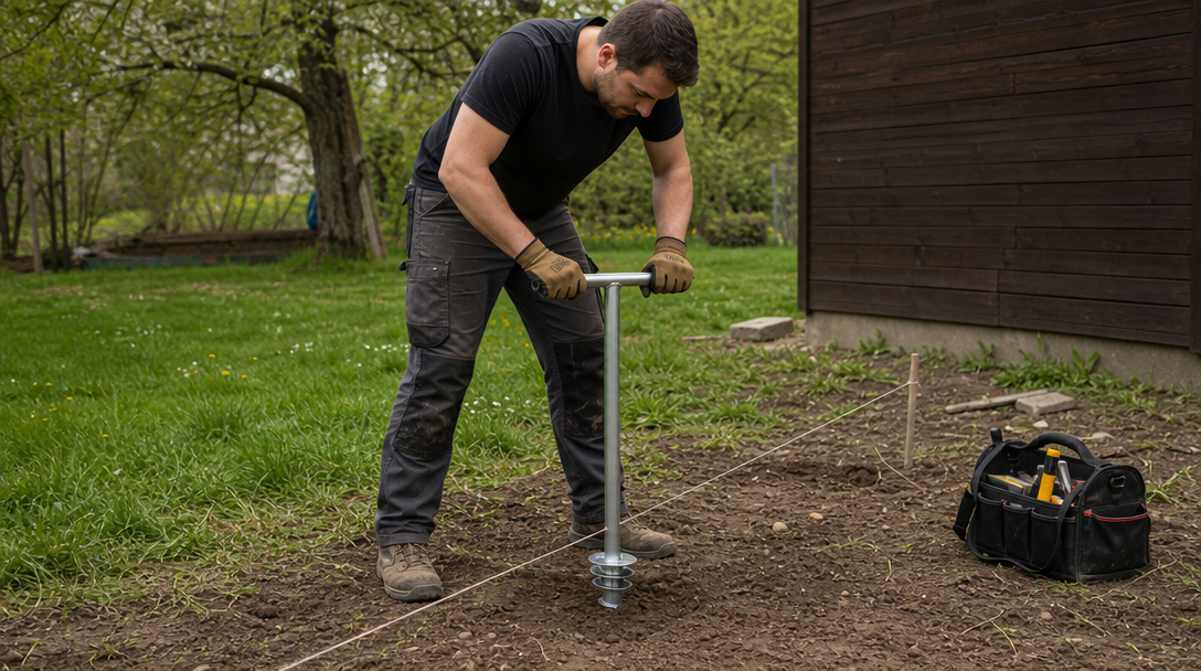 Installation d’une vis de fondation dans un jardin familial