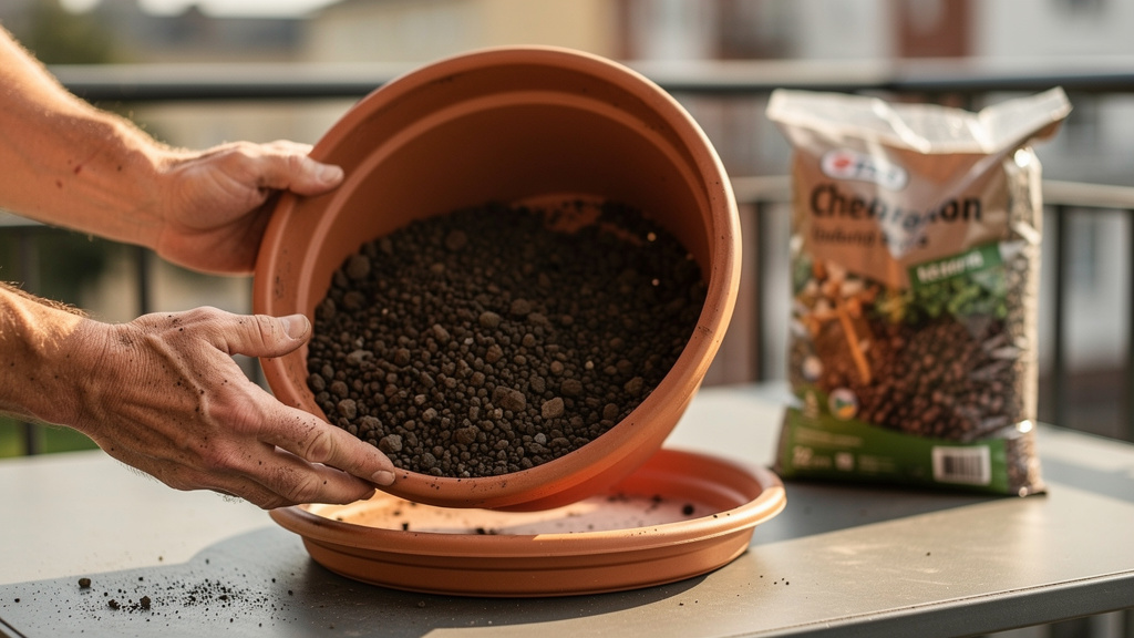 Main versant de la pouzzolane au fond d’un pot en terre cuite