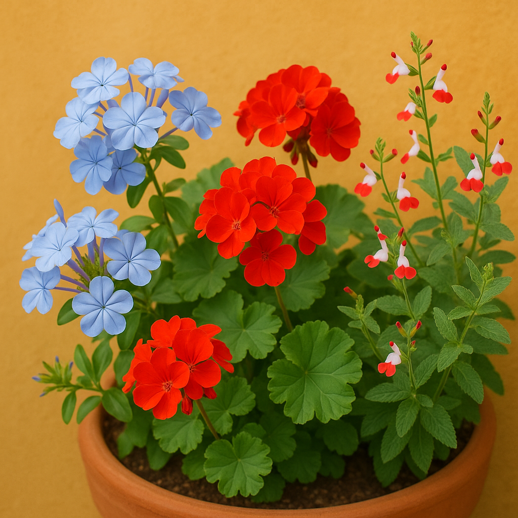 Plumbago bleu, géranium rouge et Salvia 'Hot Lips' en pot