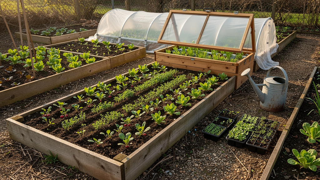 Potager en mars avec châssis ouvert et jeunes semis