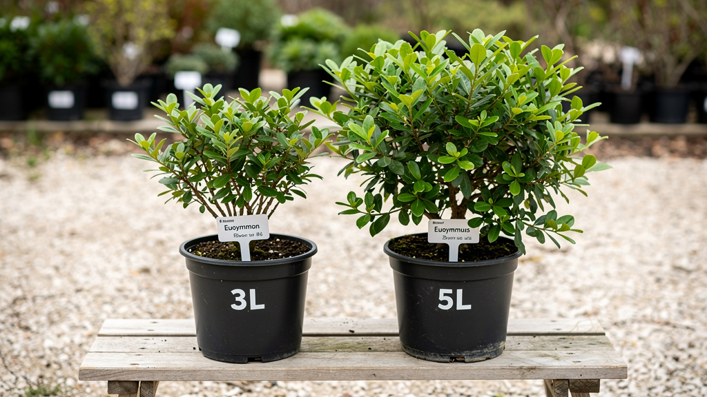 Deux euonymus en conteneurs 3L et 5L avec étiquettes visibles