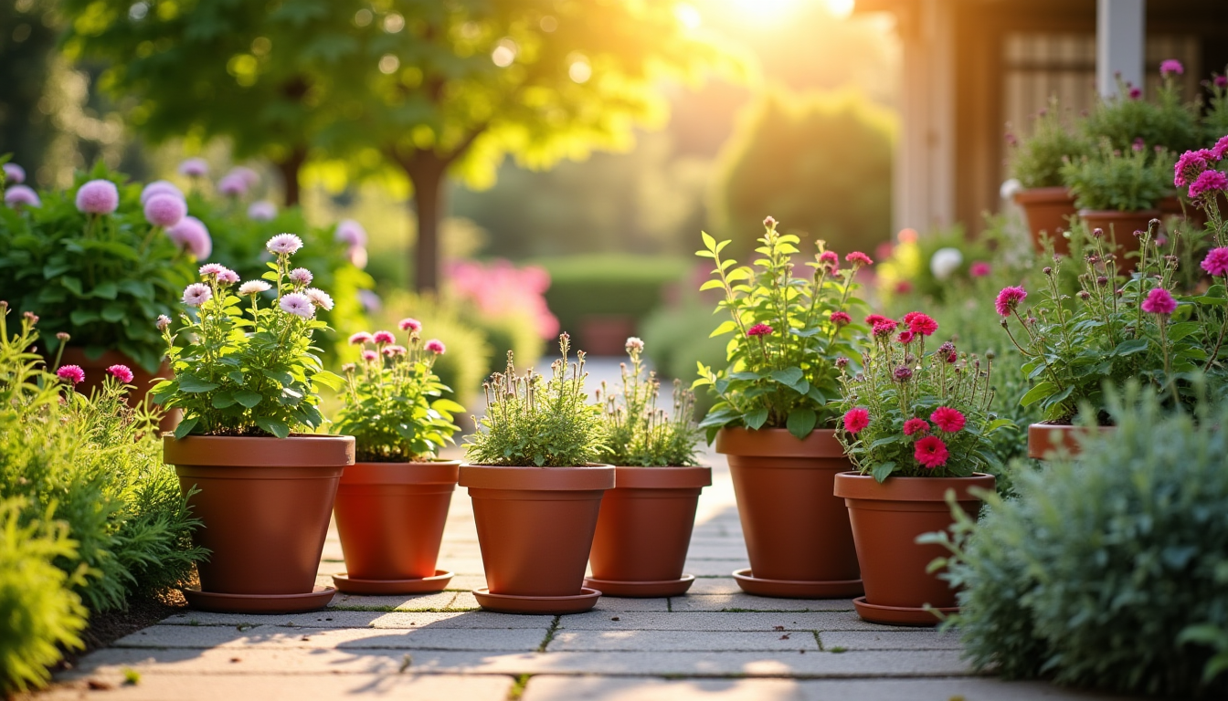 Pots en terre cuite alignés sur allée, fleurs roses au soleil