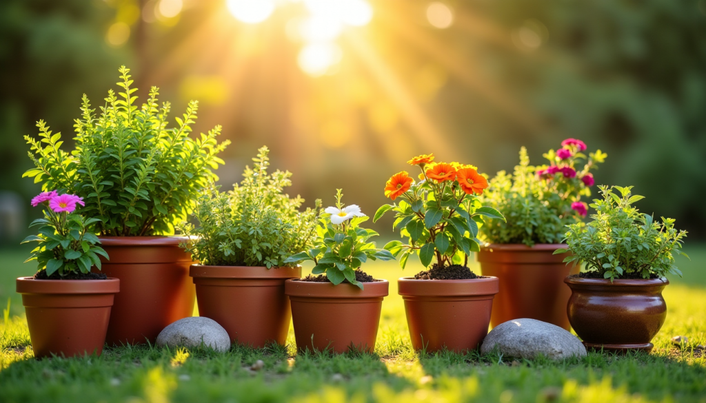 Pots en terre cuite sur pelouse, fleurs colorées au soleil