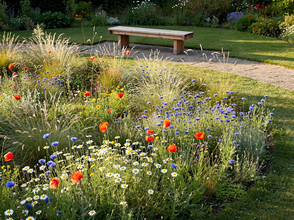 Prairie fleurie estivale avec sentier fauché et banc en bois