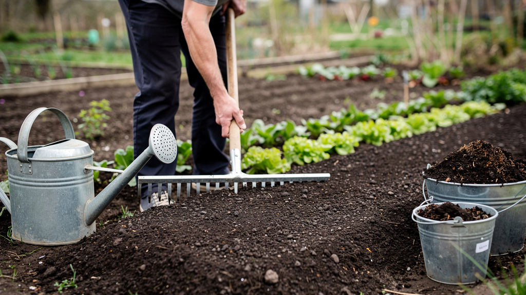 Nivellement d’une planche fine avec le dos du râteau au potager
