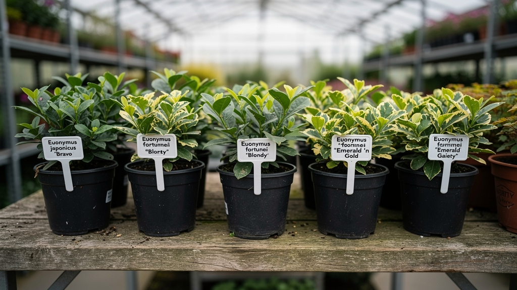 Plusieurs euonymus panachés en pots avec étiquettes lisibles