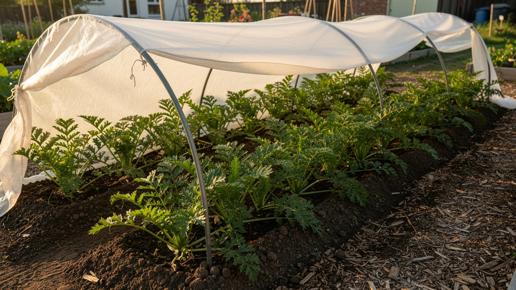 Rangs de panais sous voile anti-insectes dans un potager