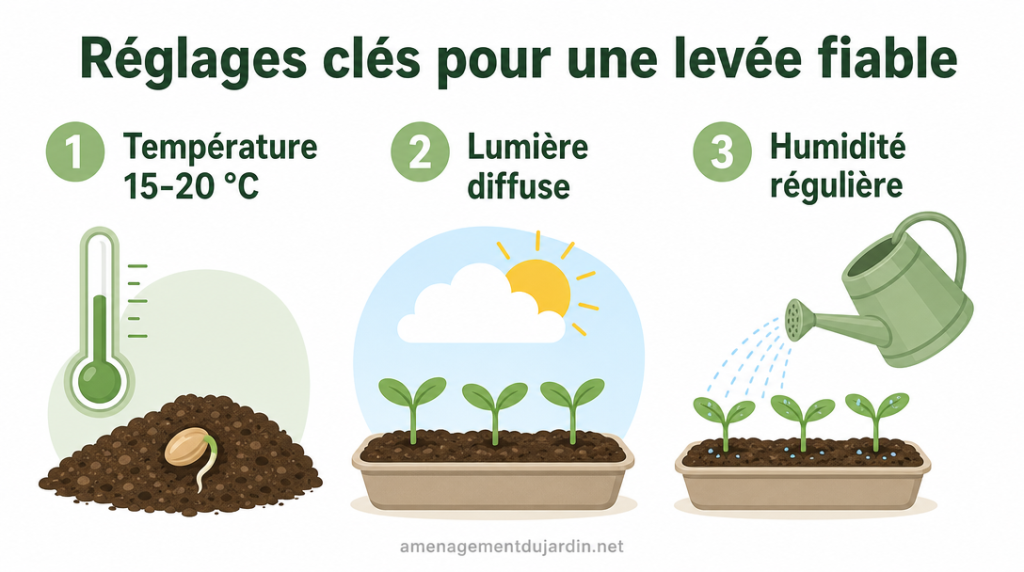 Infographie germination de laitue avec température, lumière et humidité
