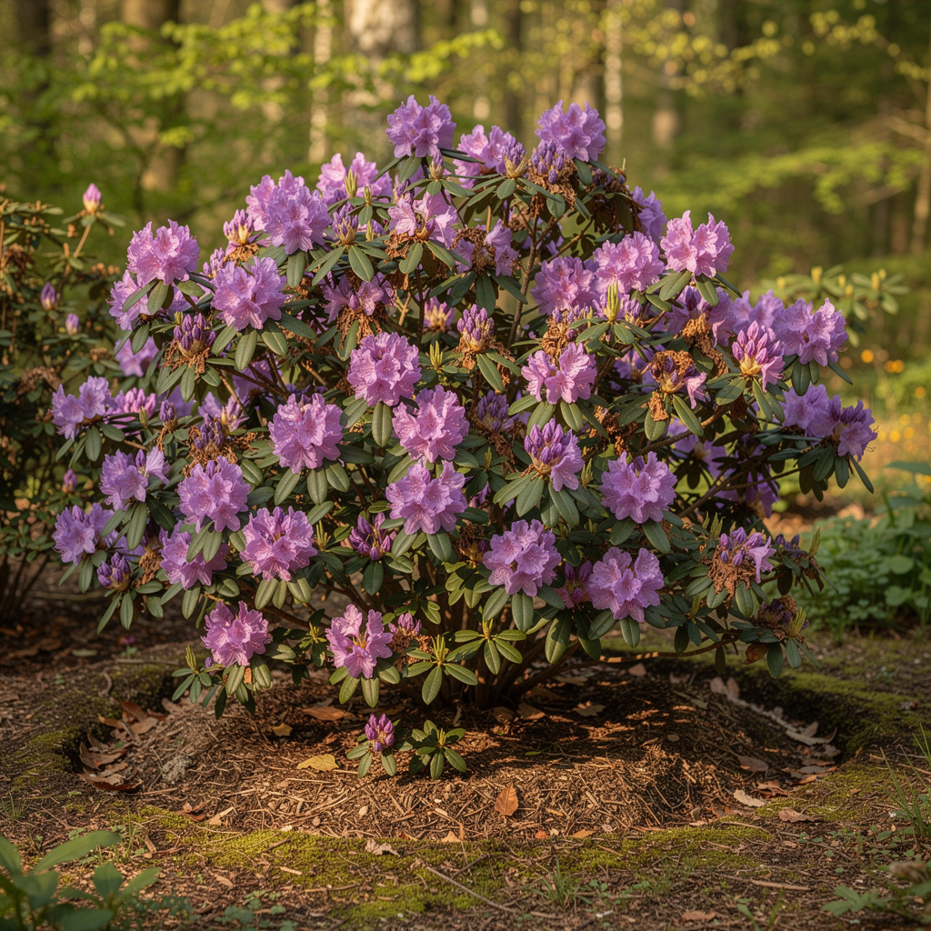Gros bouquets violets de rhododendron en lisière ombragée