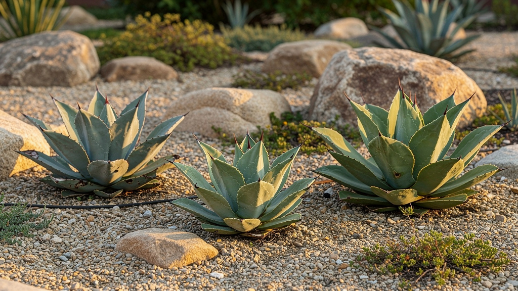 Trois agaves de tailles et textures différentes en rocaille drainante