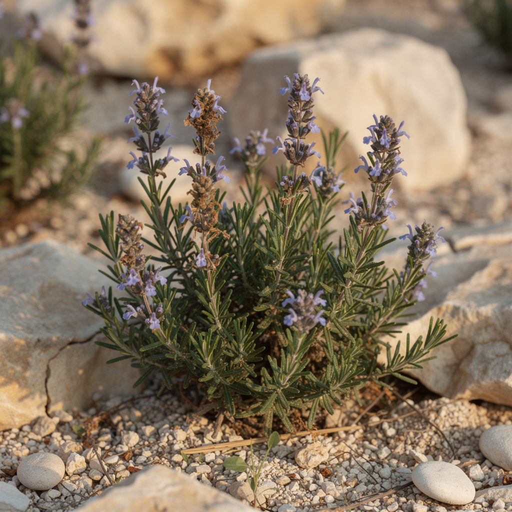 Romarin en fleurs bleues sur gravier calcaire ensoleillé