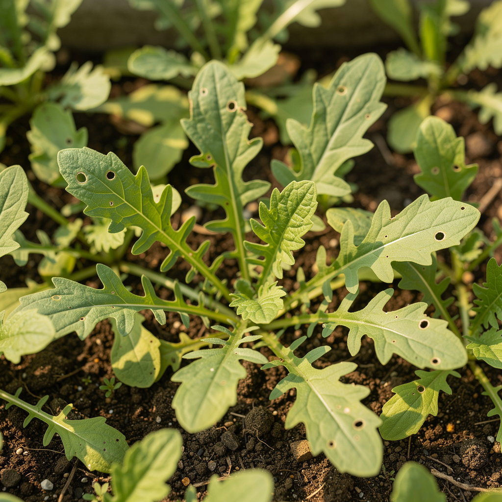 Jeunes feuilles de roquette vert franc en plan serré