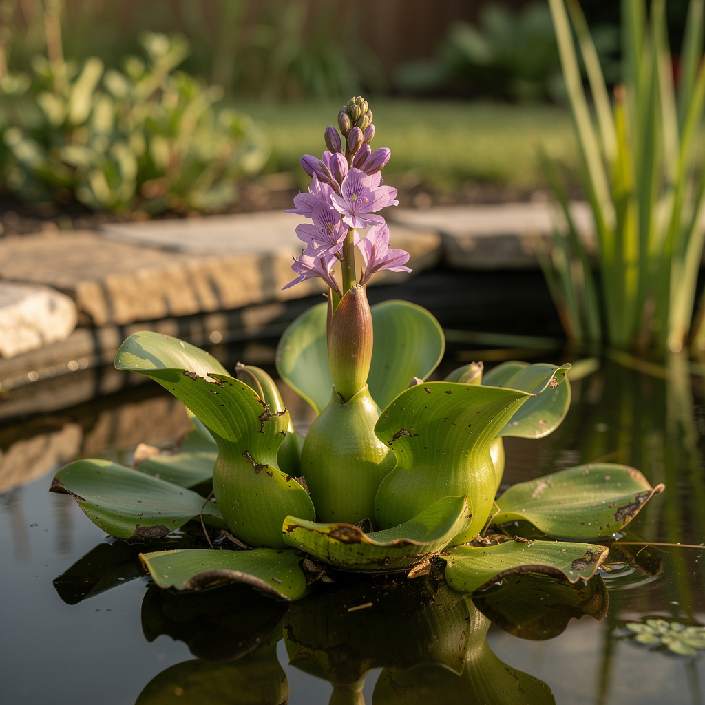 Gros plan d’une rosette avec pétioles renflés et fleur mauve