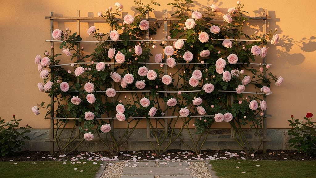 Rosier grimpant aux grosses fleurs rose pâle sur treillis en bois