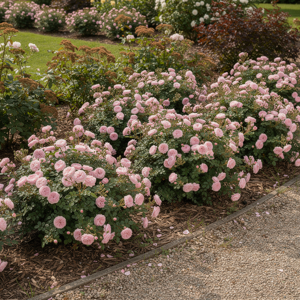 Rosier The Fairy formant un tapis de petites fleurs roses