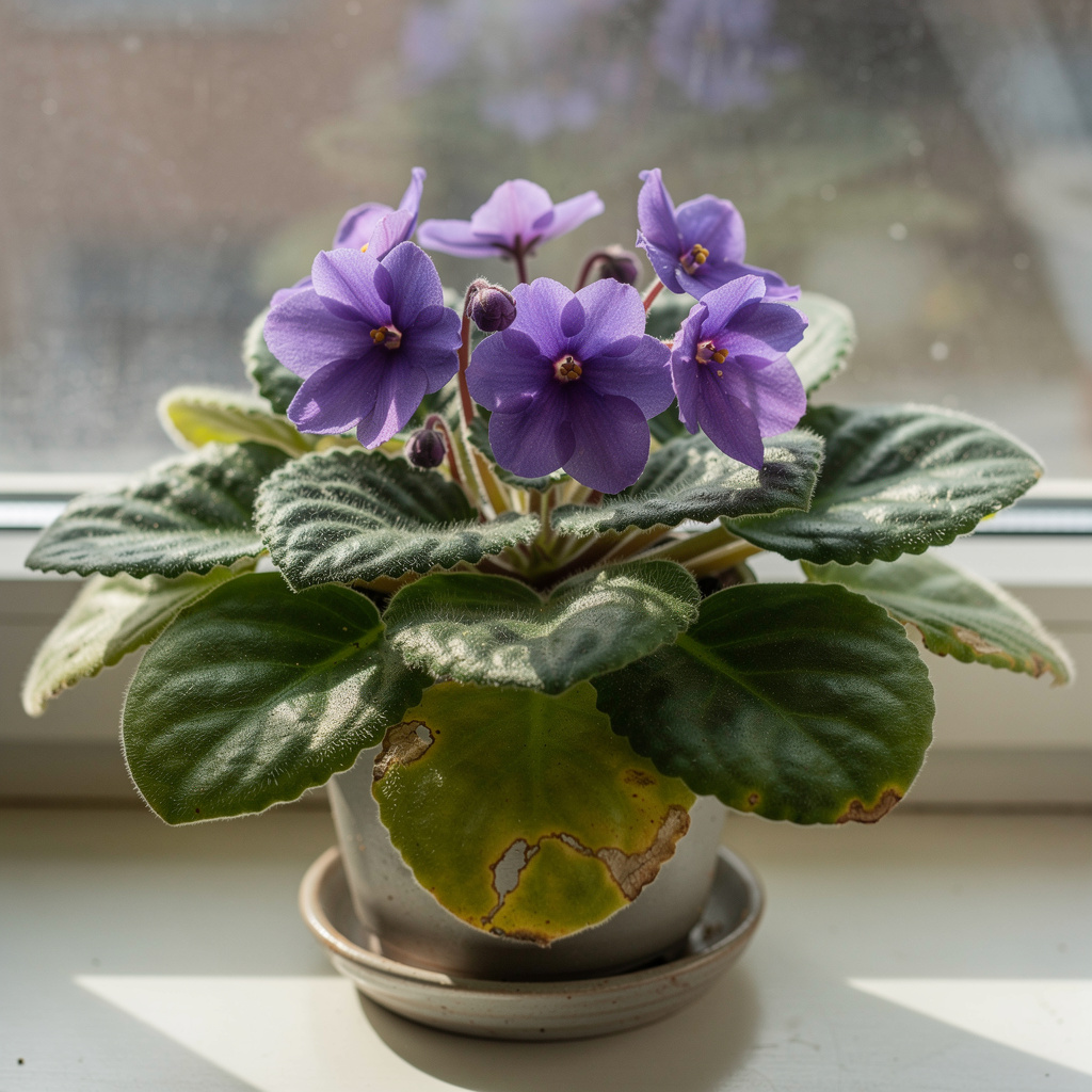 Saintpaulia à fleurs violettes sur rebord de fenêtre