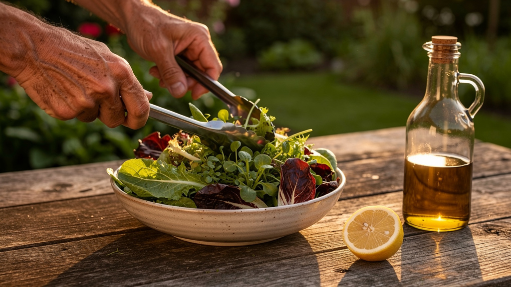 Bol de salade avec romaine, mâche et radicchio sur table en bois