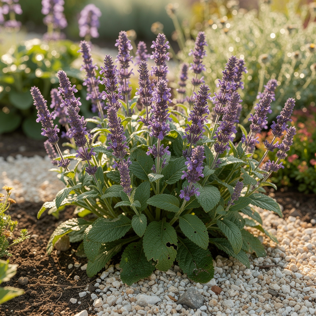 Épis violets de sauge des bois au soleil