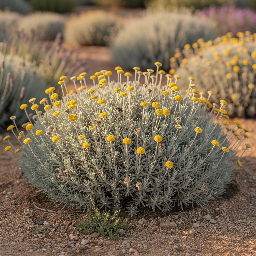 Coussin gris de santoline et pompons jaunes au soleil