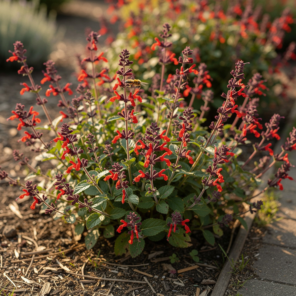Fleurs rouges de sauge arbustive le long d’une allée