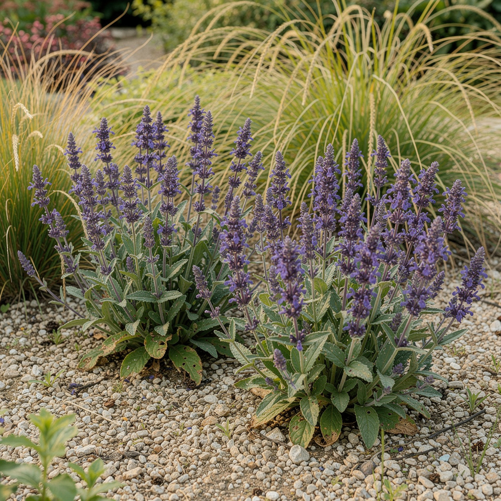 Épis violets de sauge vivace au soleil, paillage minéral