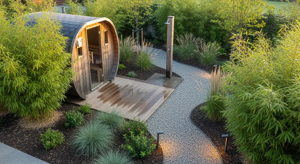 Sauna en bois sur terrasse, chemin gravier et écran végétal