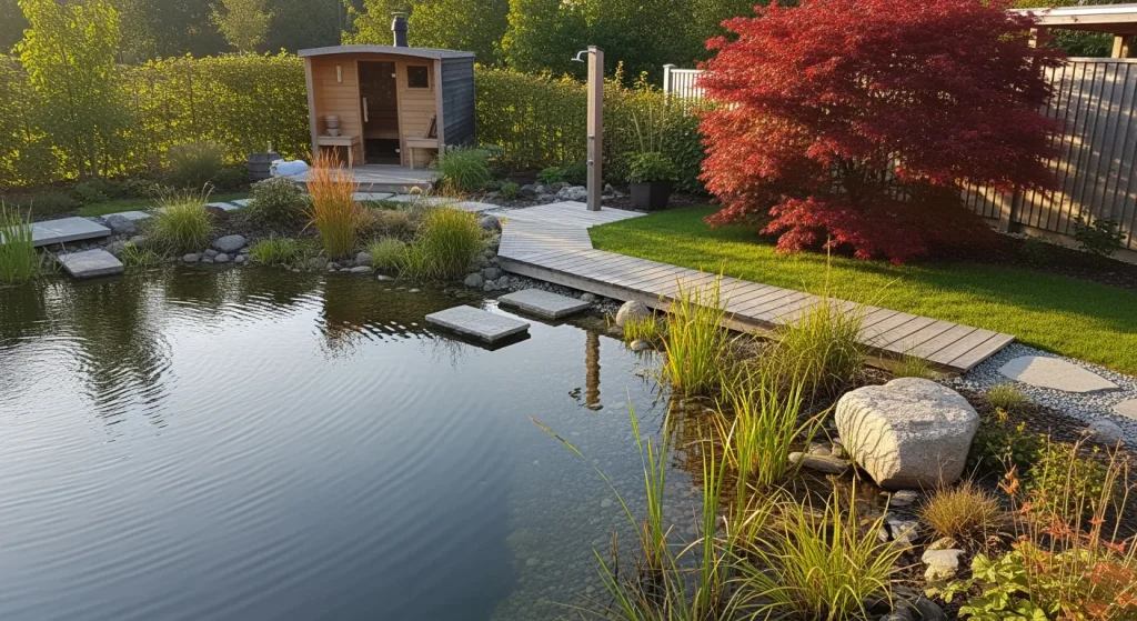 Sauna près d’un bassin avec érable rouge et passerelle bois
