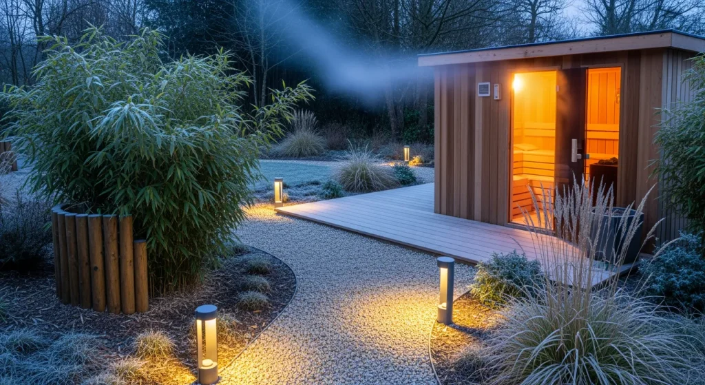 Sauna éclairé au crépuscule avec vapeur et LED chaudes